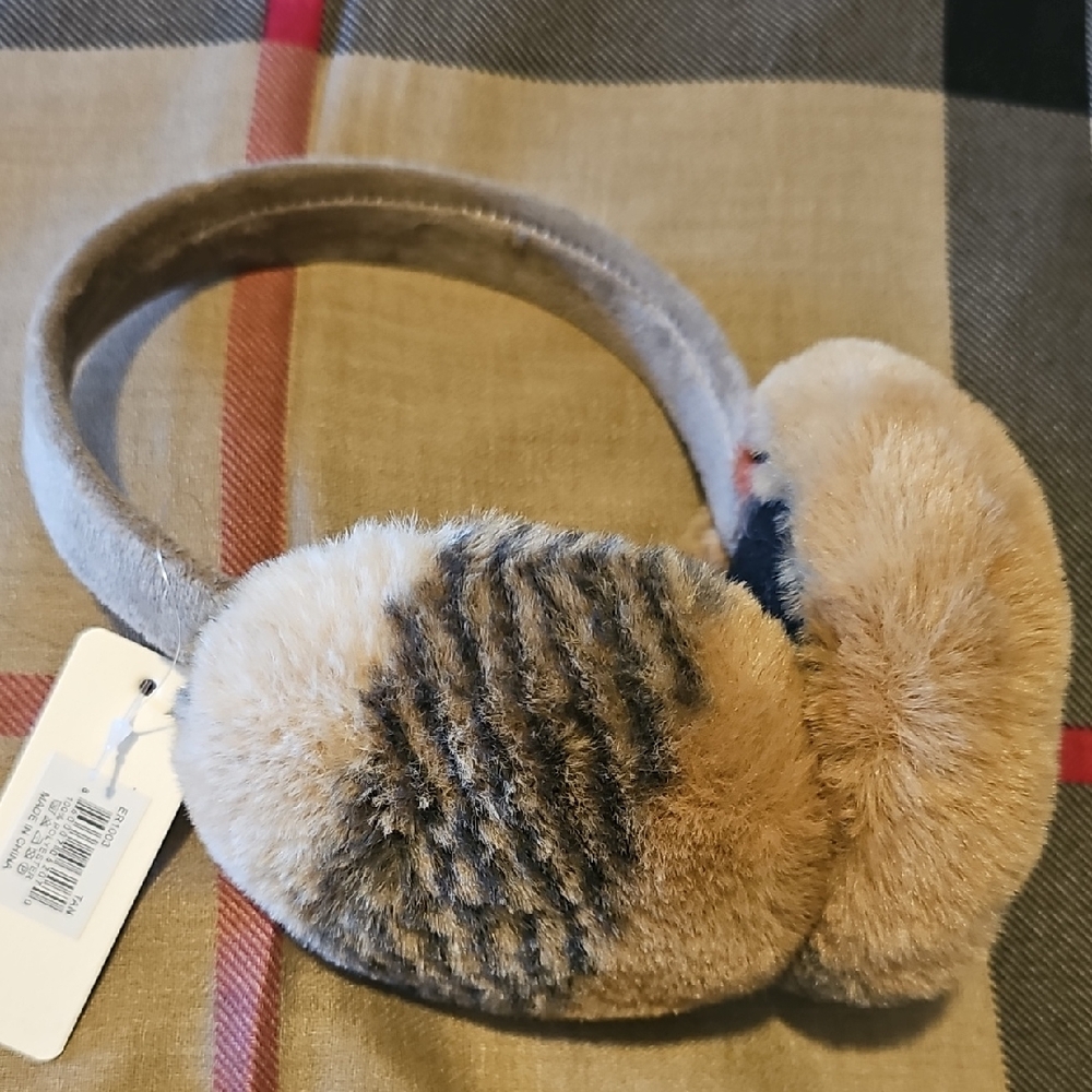Plush Tan Plaid Earmuffs for Women